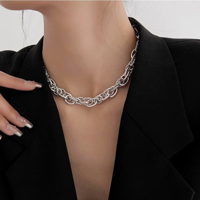 Wholesale silver Heavy Industry Exaggerated Necklace Women's European and American Niche Retro High-grade Metal Thick Chain Silver Necklace Chain