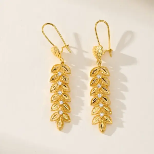 Wholesale Women’s Electroplated Grain Drop Earrings In 14K Real Gold Plated Copper With Zircon Inlay And UV Plating