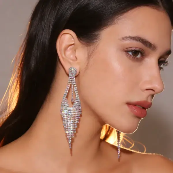 Wholesale Elegant Long Rhinestone Earrings With Tassels, Geometric Design For Women, Bridal Wedding Silver-Plated Water Drop Earrings