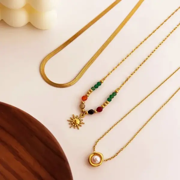 Wholesale 304 Stainless Steel SUNFLOWER (Jz001) Pearl PVD Coated Artificial Pearls Natural Stone Real Gold Plated Elegant Retro French Style Waterproof Non Tarnish Beaded Surgical Steel Snake Chain Lobster Trigger Clasp Closure Multicolor Gold Pendant Necklace