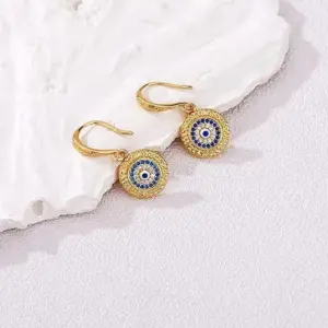 Wholesale Devil's Eye Ear Hook Earrings For Women, Electroplated Brass With 14K Real Gold Plated Finish And Zircon Inlay