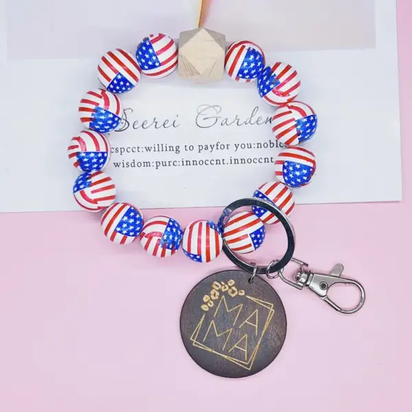 Wholesale Unisex American Flag Wooden Beads Bracelet Keychain In Coffer Color, Perfect For Travel