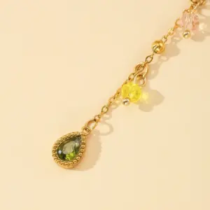 Wholesale 1-piece Gold Stainless Steel Material Gold Colorful Diamond Heart Stone Holder Water Drop Tassel Colorful Bead Positioning Women's Fashion Necklace Suitable For Banquets And Parties