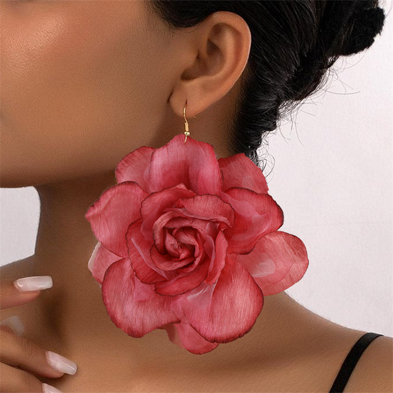 Wholesale EZ5486 Cross-border European and American Imitation Rose Silk Flower Gradient Three-dimensional Mesh Flower Pendant Women's Earrings Valenti