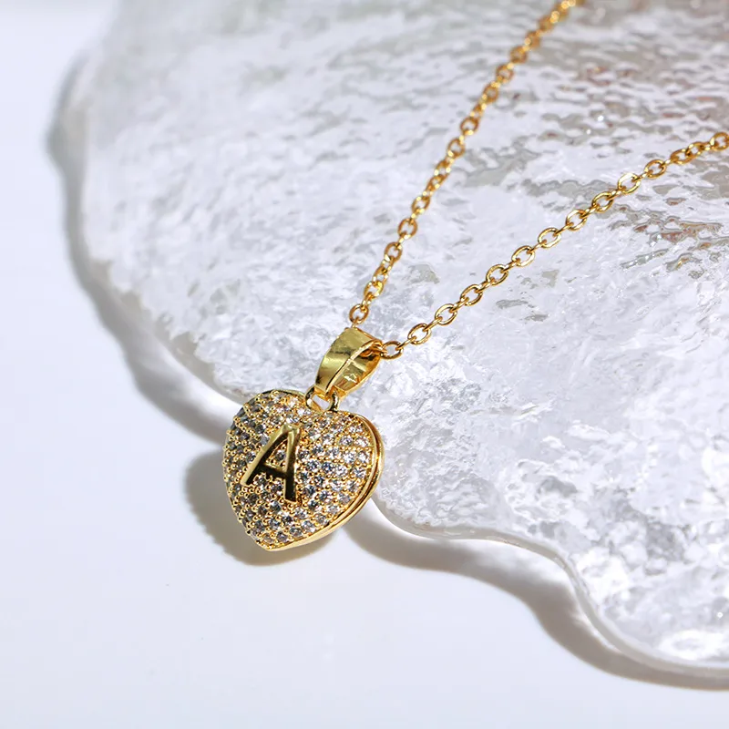 Wholesale Cute Sweet Heart Shape Titanium Steel Copper Plating Inlay Zircon Pendant Necklace