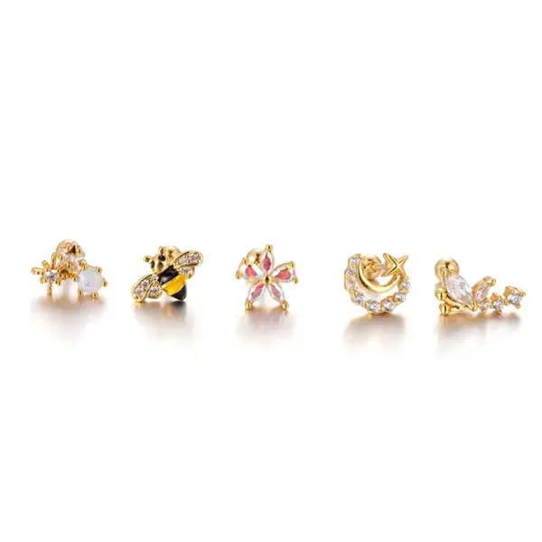 oly-8aea3e4426203f8b571433c251e7a9b7 Wholesale Copper Rhinestones Ear Cartilage Rings & Studs Heart Shape Flower Waterproof Non Tarnish Surgical Steel Women'S