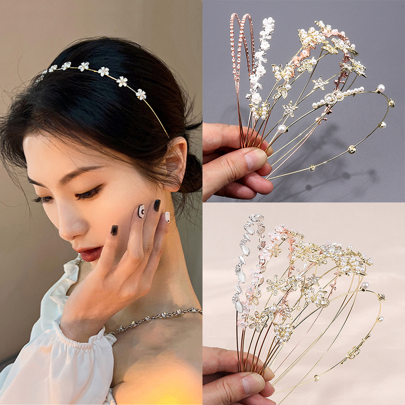 Wholesale Korean-style Retro Cat's Eye Stone Diamond Headband Women's Alloy Fine Hair Clip High-grade Niche Leaves Flower Headband Super Immortal