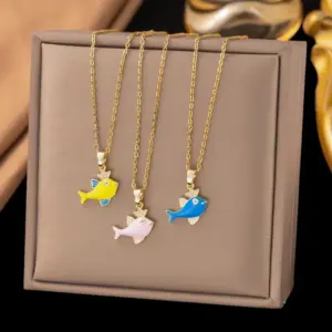Wholesale Women’s Fish Pendant Necklace With Inlay Artificial Rhinestones, 18K Real Gold Plated Copper, Water Plating On Cable Chain