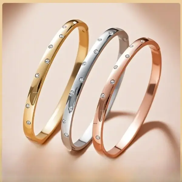 Wholesale Sparkly Gold Bangle In 18K Real Gold Plated Titanium Steel With Rhinestones, Featuring Electroplated Finish