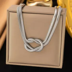 【QYH388】Knotted Snake Bone Chain Necklace / Steel Color