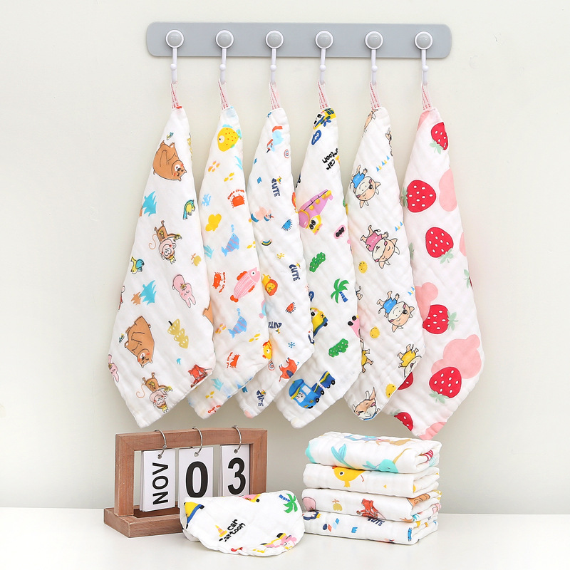 Wholesale Cotton Square Towel Six-Layer Spit Towel High Density Children's Cotton Small Towel Pleated Printed Handkerchief Gauze Wipe Towel