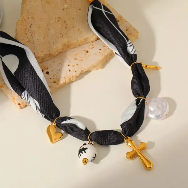 Wholesale Elegant Luxurious Lady Cross Heart Shape Ghost PVD Coated 304 Stainless Steel Imitation Pearl Ceramics Silk Scarf Cord Stretch Adjustable Pendant Necklaces Wholesale