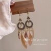 oly-8c6ceb3e6c60e70f2bf960f42a223ead Wholesale Ethnic Style Retro Feather Earrings Long Multi-Color Holiday Feather Earrings Beaded Design Circle Earrings