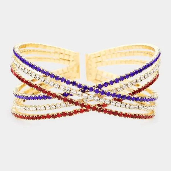 Wholesale National Flag Wristband With Claw Setting, Copper Material, Golden Plated Water Plating, Rhinestones Inlay, 0.03µm Plating Thickness