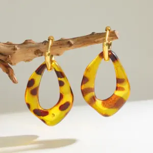 Wholesale 18K Real Gold Plating Vacuum Electroplating (In Furnace) 201 Stainless Steel 304 Stainless Steel Water Plating Resin Rhombus Leopard Print Earrings