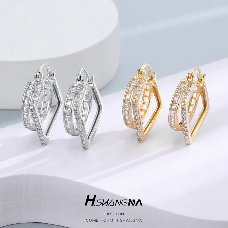 Wholesale Geometric Stud Earrings For Women With Copper Posts, Electroplated And 14K Real Gold Plated Featuring Zircon Inlay