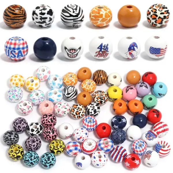 Wholesale Butterfly Printing Wood Beads, 10 PCS/Package, Available In Colour, Perfect For American National Day Crafts