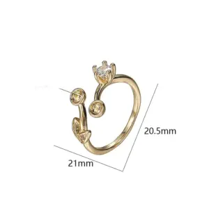 Wholesale Waterproof Non Tarnish Leaves Open Ring For Women In Copper With 14K Real Gold Plated Electroplated Finish And Zircon Inlay