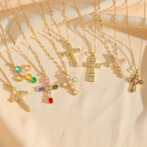 Wholesale Cross-shaped colored zircon pendant titanium steel necklace clavicle chain