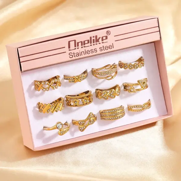 Wholesale Trillion-Cut Open Ring For Women With Bezel Setting, 18K Real Gold Plated PVD Coated 304 Stainless Steel Featuring Rhinestones