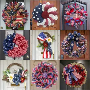Wholesale American Independence Day Patriotic Wreath Door Hanging Wreath Front Door Decoration Flag Wreath Holiday Bunting