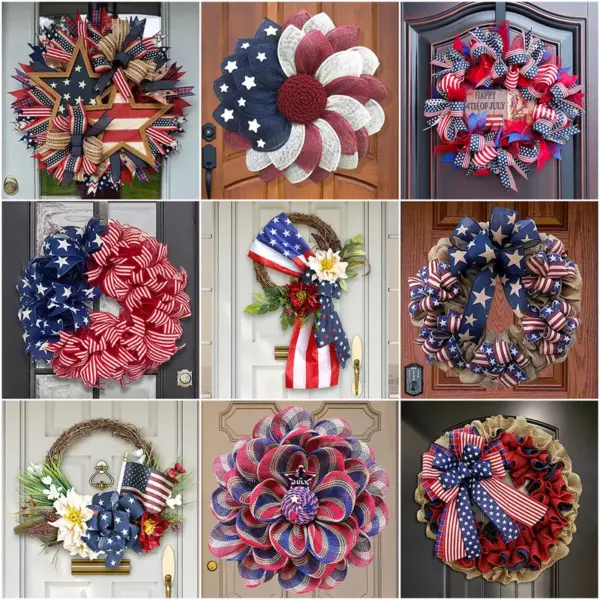 Wholesale American Independence Day Patriotic Wreath Door Hanging Wreath Front Door Decoration Flag Wreath Holiday Bunting
