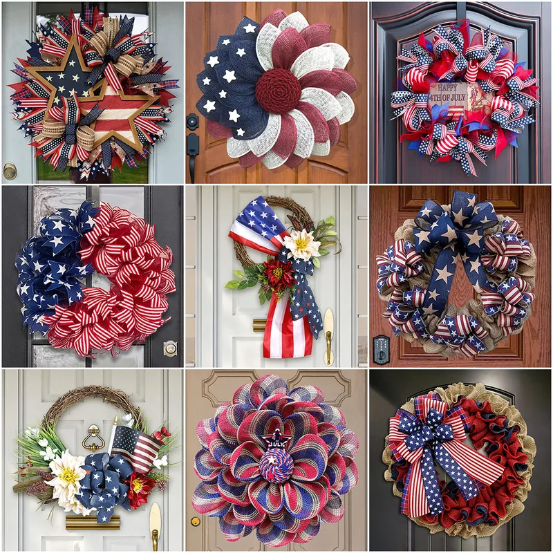 Wholesale American Independence Day Patriotic Wreath Door Hanging Wreath Front Door Decoration Flag Wreath Holiday Bunting