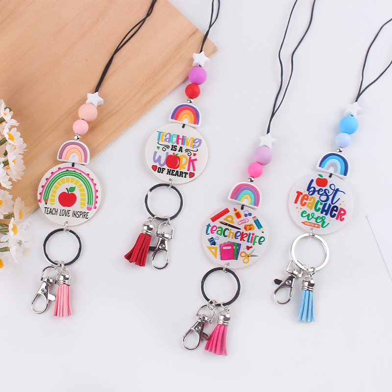 Wholesale New Rainbow Silicone Beaded Lanyard Certificate Necklace Key DIY acrylic sheet Keychain Certificate Lanyard