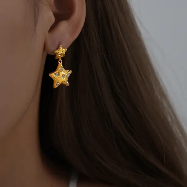 Wholesale 304 Stainless Steel Pentagram PVD Coated Rhinestones 18K Gold Plated Real Gold Plated Luxurious Waterproof Non Tarnish Plating Inlay Earrings