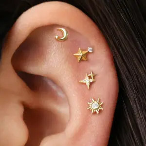 Wholesale Stainless Steel 18K Gold Simple Star Moon Sun Stud Earrings Set Women's Geometric Pattern Diamond Embedded Earring Jewelry