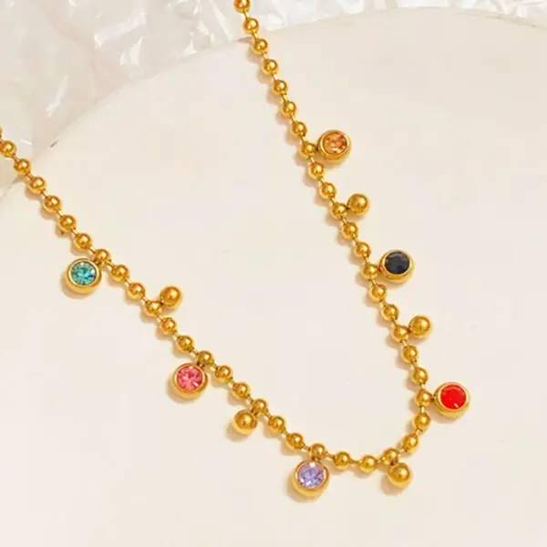 Wholesale 302 Stainless Steel 304 Stainless Steel Glass Round Ion Plating (IP) Artificial Rhinestones 18K Gold Plated Simple Style Classic Style Waterproof Non Tarnish Inlay Ball Chain Gold Necklace
