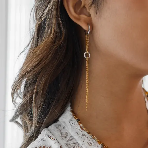 Wholesale Women's Classic Style 18K Gold Plated 304 Stainless Steel Vacuum Electroplated Geometric Color-Block Waterproof Non-Fading Asymmetric Chain Tassel Earrings Set