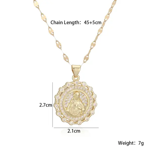 Wholesale Light Luxury Retro Maria Round Pendant Necklace For Women INS Design Sense Niche Exquisite Collarbone Chain Water Plated 18K Real Gold Zircon