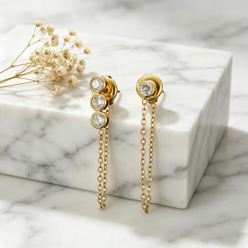 Wholesale Unisex Rectangle Earrings In 316 Stainless Steel With 14K Real Gold Plated PVD Coating And Zircon Inlay