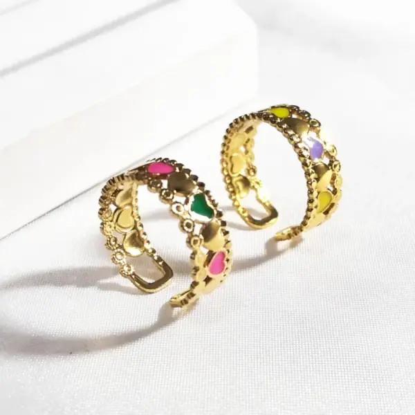 Wholesale 18K Real Gold Plated Vacuum Electroplating Furnace Oil Drop 304 Stainless Steel Ring Vintage Non-Fading Niche Light Luxury Heart Women's Open Ring