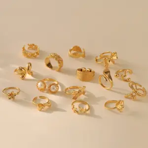 Wholesale Jewelry Lady Classic Style Shiny Bow Knot Copper Pearl Copper 18K Gold Plated Big Bow Pearl Bowknot Adjustable Ring Open Rings Rings