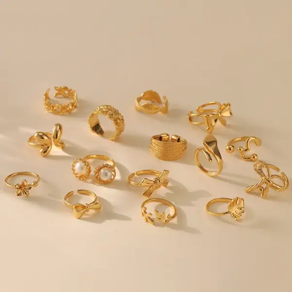Wholesale Jewelry Lady Classic Style Shiny Bow Knot Copper Pearl Copper 18K Gold Plated Big Bow Pearl Bowknot Adjustable Ring Open Rings Rings