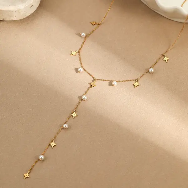 Wholesale PVD Coated Real Gold Plated Pearl 304 Stainless Steel IG Style Elegant Lady Waterproof Non Tarnish 304 Stainless Steel Lobster Trigger Clasp Closure Y-Necklace
