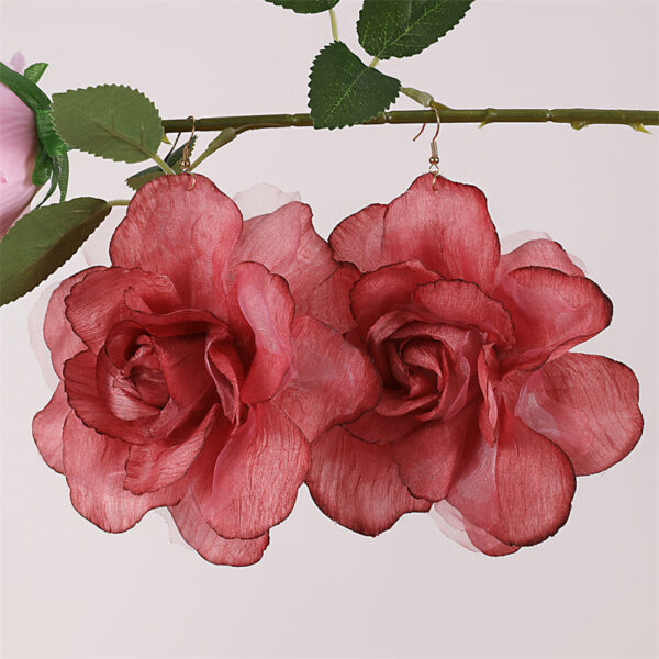 WholesaleImitation Rose Silk Flower Gradient Three-dimensional Mesh Flower Pendant Women's Earrings Valentine's Day Jewelry