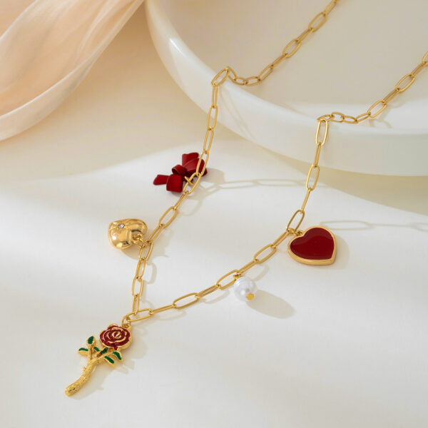 Wholesale 1 fashion simple temperament elegant woman metal red love artificial pearl bow necklace for women