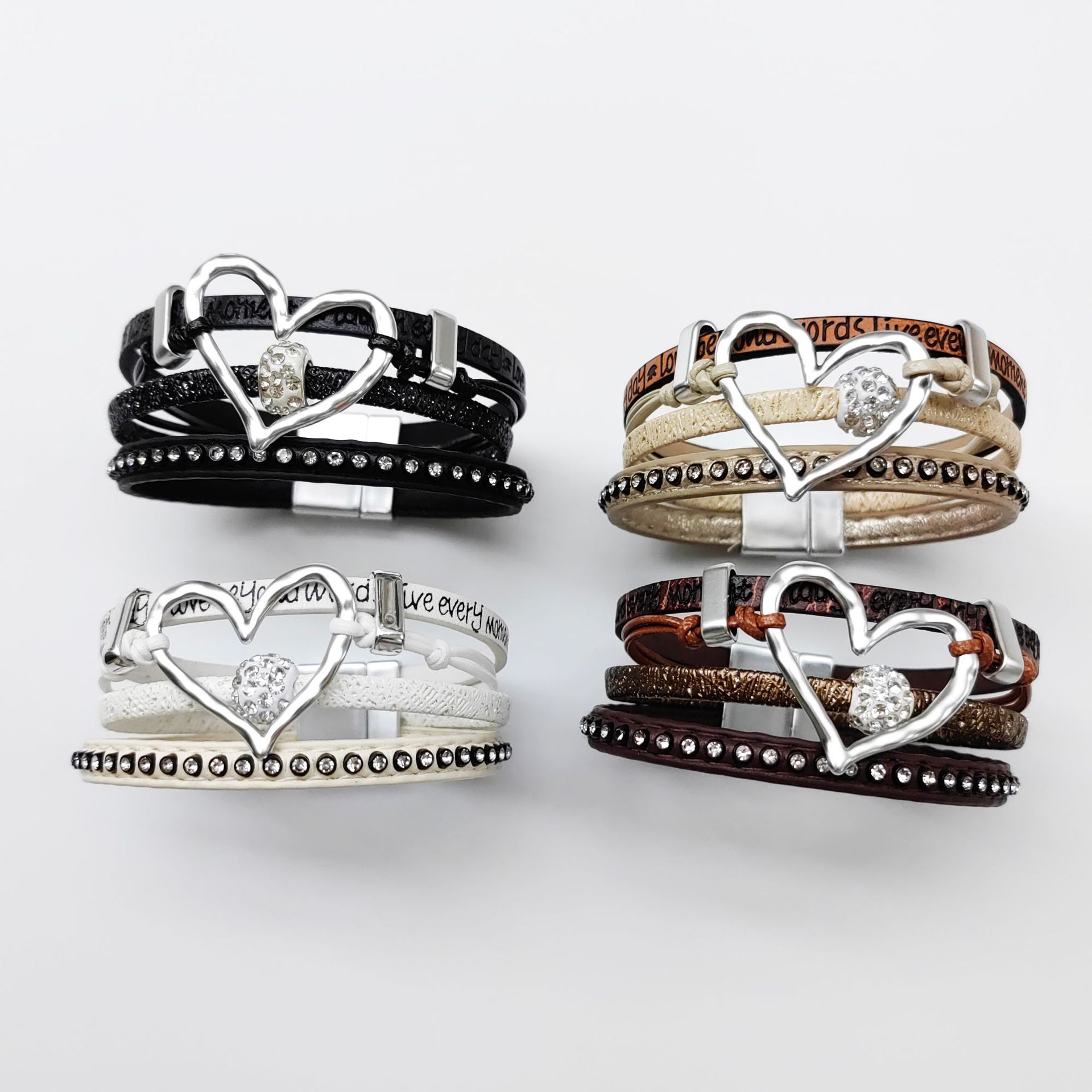 Wholesale Amazon Hot Sale European and American Fashion Hollow Love Leather Bracelet Diamond Magnetic Buckle Retro Multi-layer Bracelet