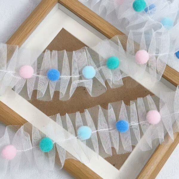 Wholesale 5cm wide color pompom pleated mesh stereo lace candy color wool ball handmade DIY decorative material