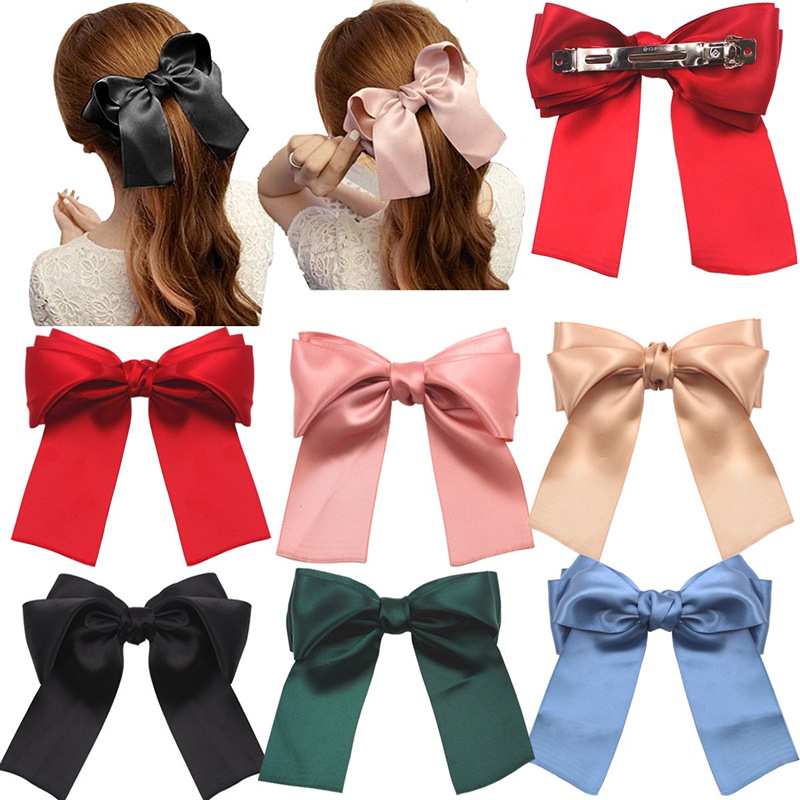 Wholesale New Fabric Sade Bow Ribbon Steel Clip European and American Solid Color Knot Women's Hair Spring Clip Jewelry