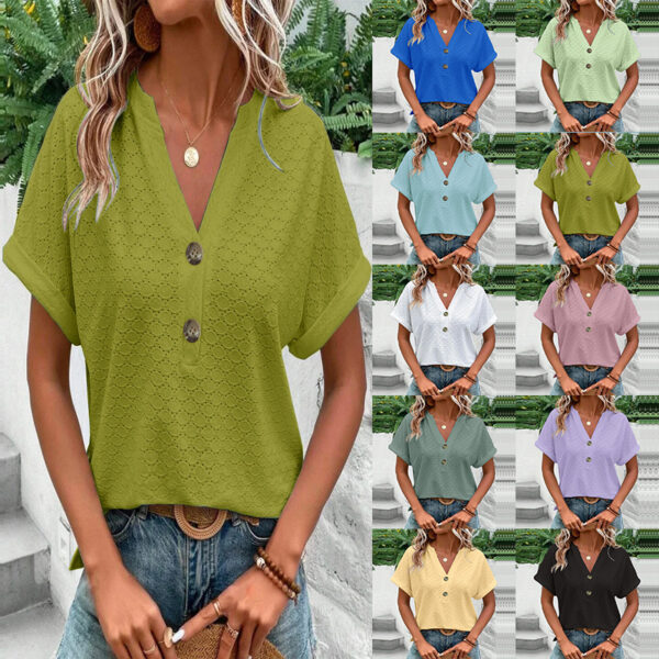 Wholesale spring and summer women’s fashion casual solid color button V-neck T-shirt women