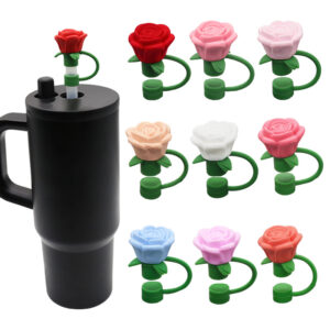 Wholesale Amazon Stereo Silicone 10mm Straw Cap Cross Border Cute Rose Straw Dust-proof Recyclable Straw Cap