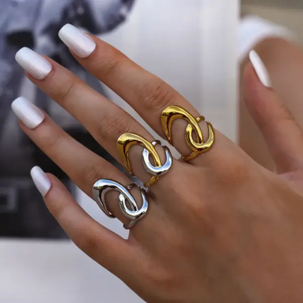 Wholesale Summer Ladies Geometric Lines Stainless Steel Ring Adjustable Size Vacuum Plated 18K Gold Elegant French Style Jewelry Accessory
