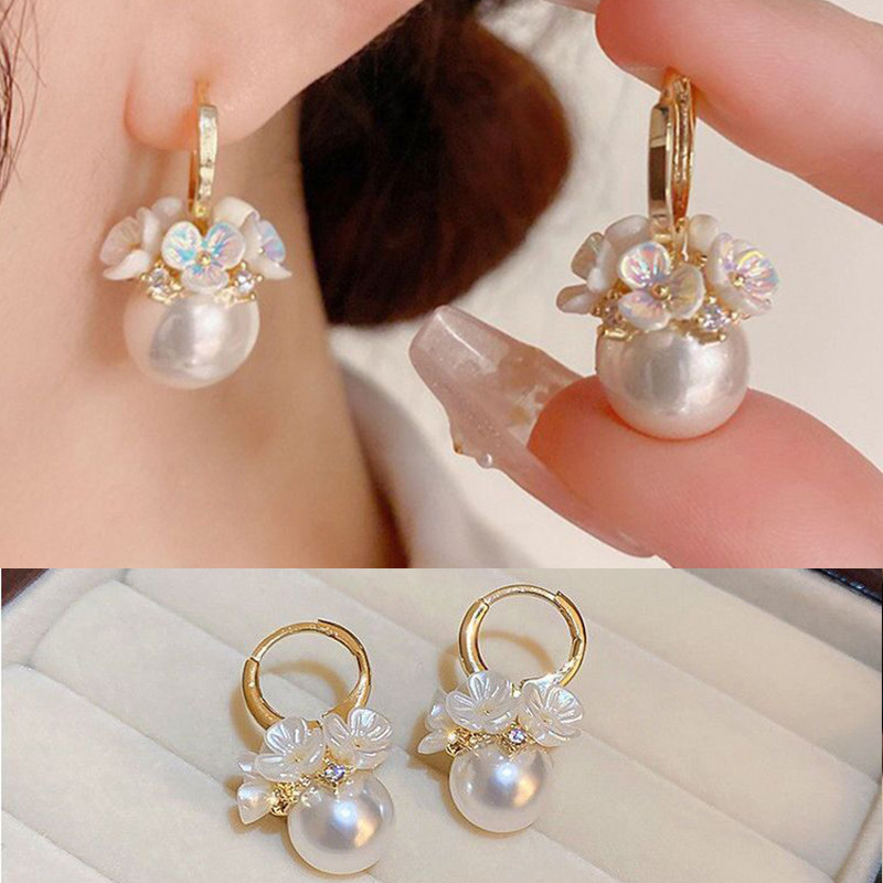 Wholesale Exquisite Shell Flower Basket Pearl Earrings Women's Fashion Diamond Small Flower Ear Buckle Korean Niche Gentle Ear Jewelry