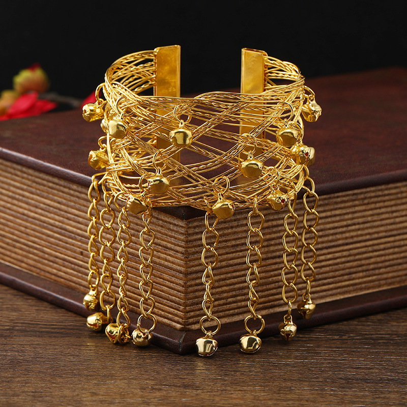 Wholesale Dunhuang Ethnic Style Bell Tassel Wide Bracelet Women's Retro Indian Exodus Dance Arm Bracelet Bracelet Accessories