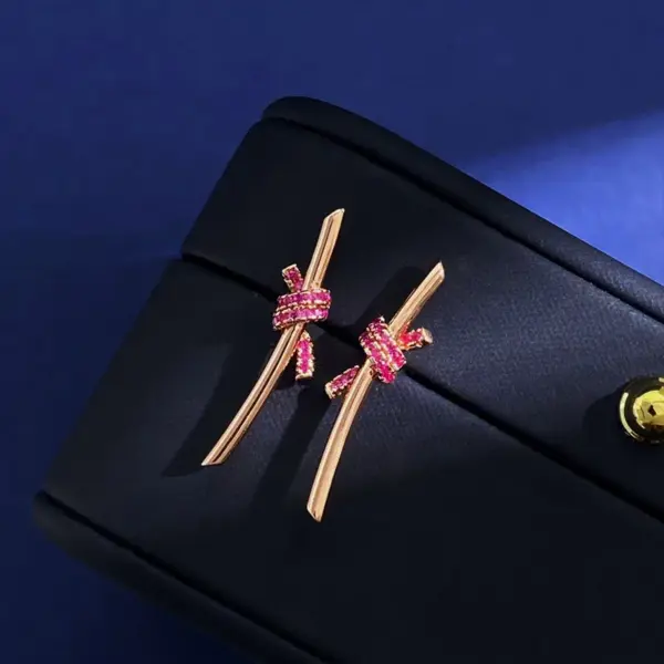 Wholesale Women’s Knot Stud Earrings With Claw Setting, 18K Real Gold Plated Brass Featuring Zircon, Water Plating Finish