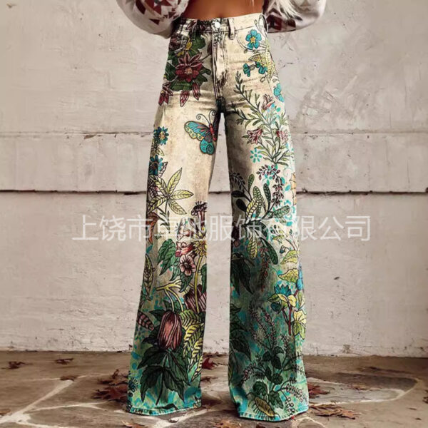 oly-909f742dbfdf3344d53f94a9cf9d6efa Wholesale Independent Station Xiyin Shopee's Popular 3D Heat Transfer Bell-Bottom Pants Simulated Denim Pants Loose Pants